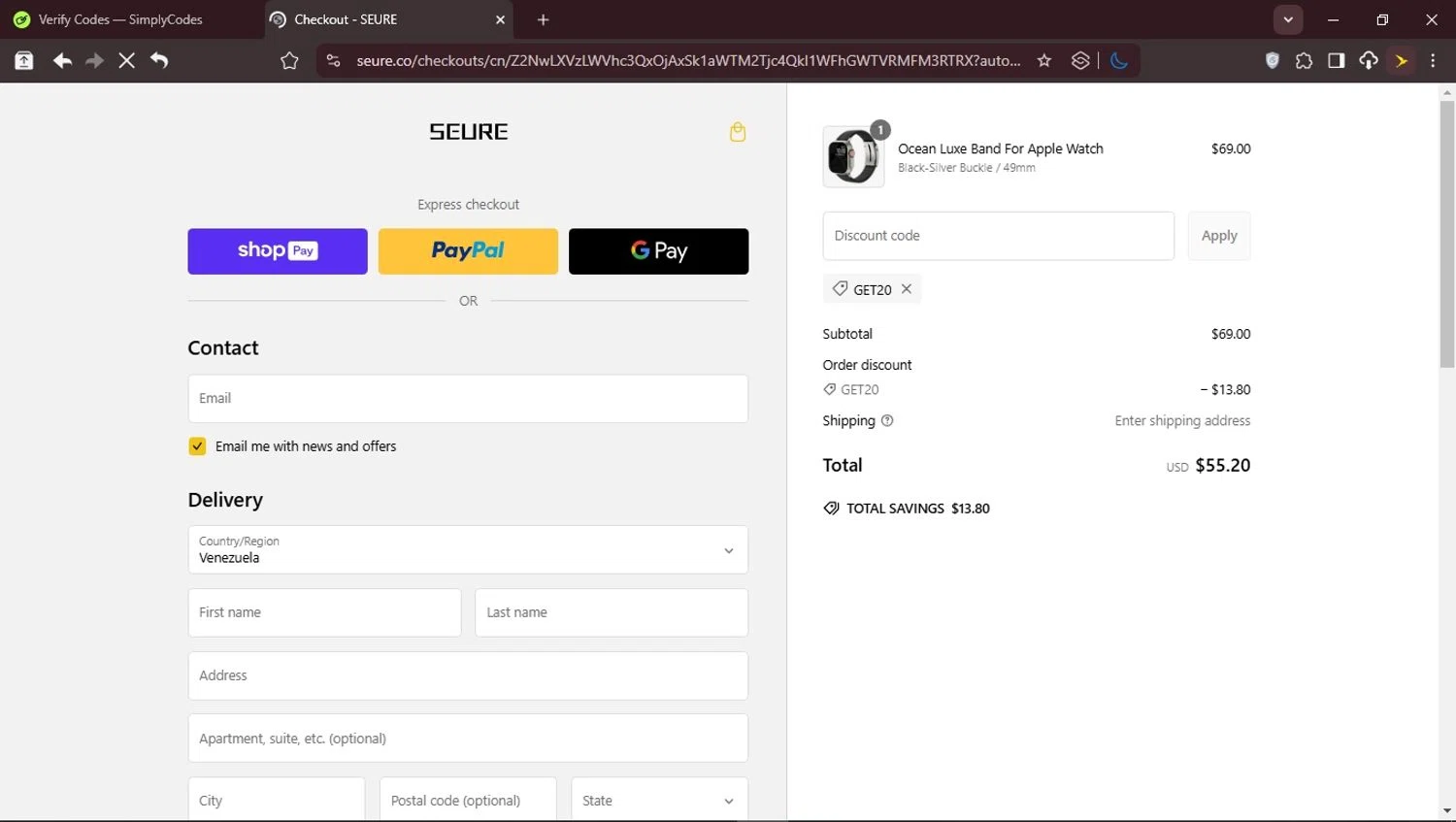 SEURE discount code screenshot showing code GET20 applied at SEURE checkout page. Uploaded by SimplyCodes community member GoldScout9735 on Feb 26, 2025