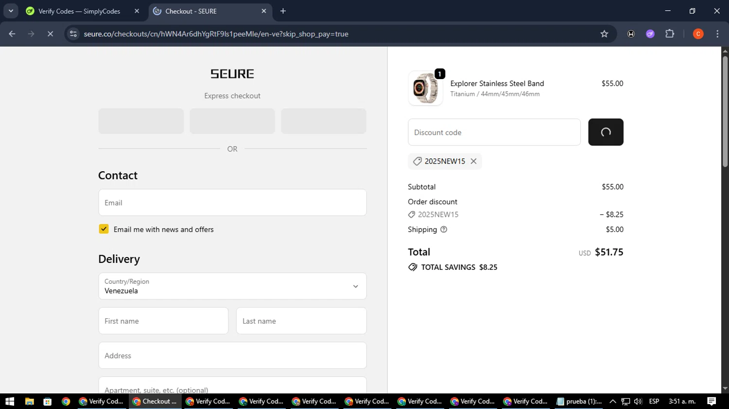 SEURE discount code screenshot showing code 2025NEW15 applied at SEURE checkout page. Uploaded by SimplyCodes community member NatanaelCano on Oct 16, 2025