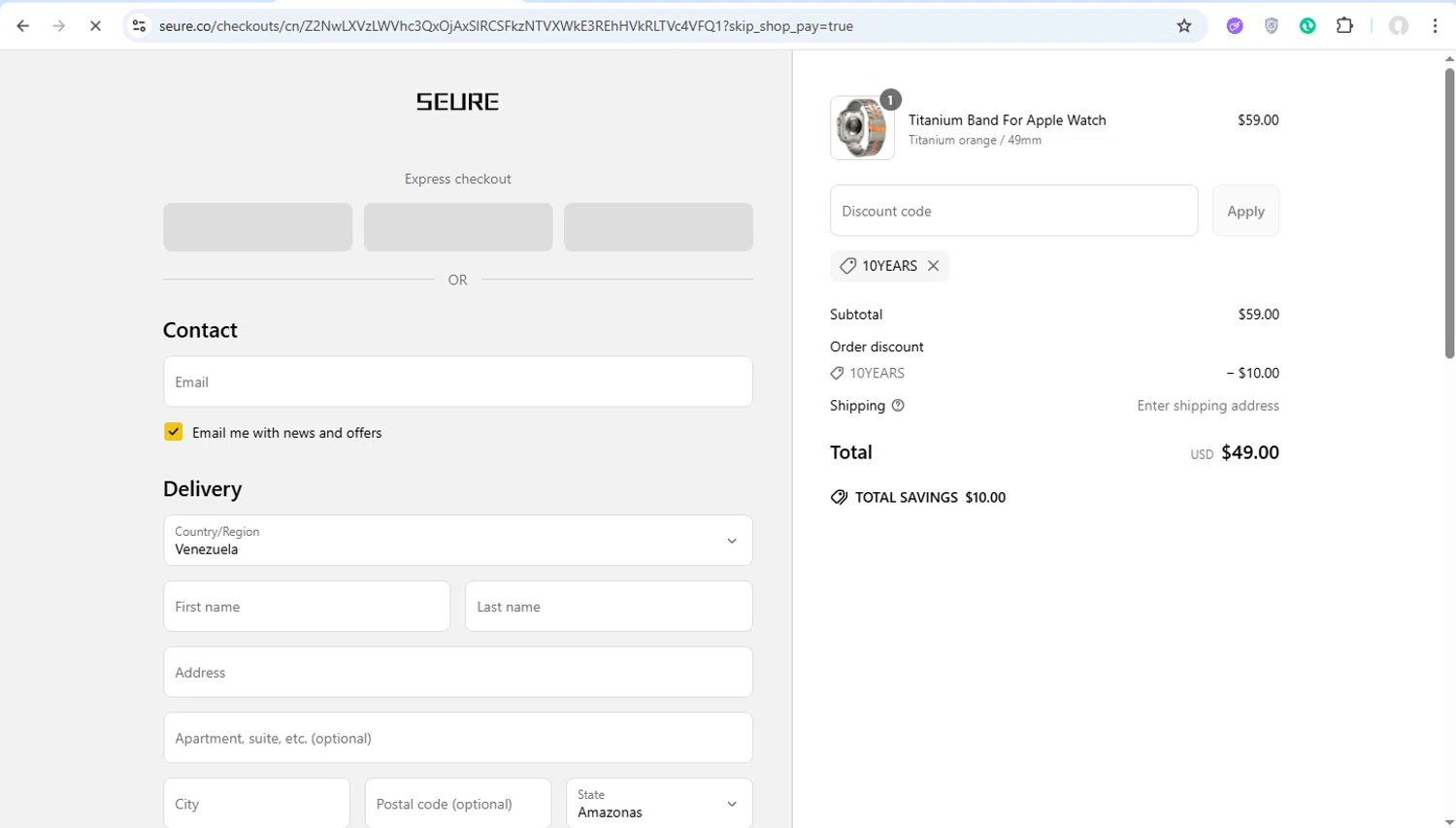 SEURE discount code screenshot showing code 10YEARS applied at SEURE checkout page. Uploaded by SimplyCodes community member ronaldacunajr13 on May 3, 2025