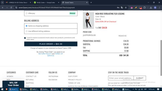 Seven7 Jeans checkout page showing Seven7 Jeans promo code box | Screenshot taken by SimplyCodes community member on Mar 11, 2025
