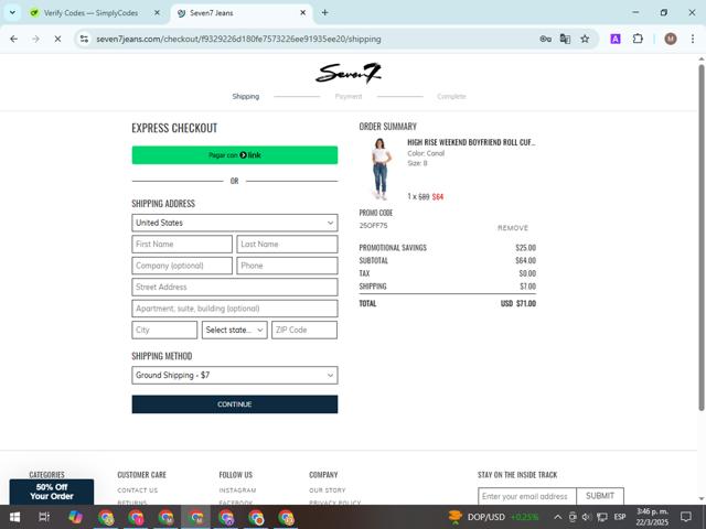 Seven7 Jeans checkout page showing Seven7 Jeans promo code box | Screenshot taken by SimplyCodes community member on Mar 22, 2025