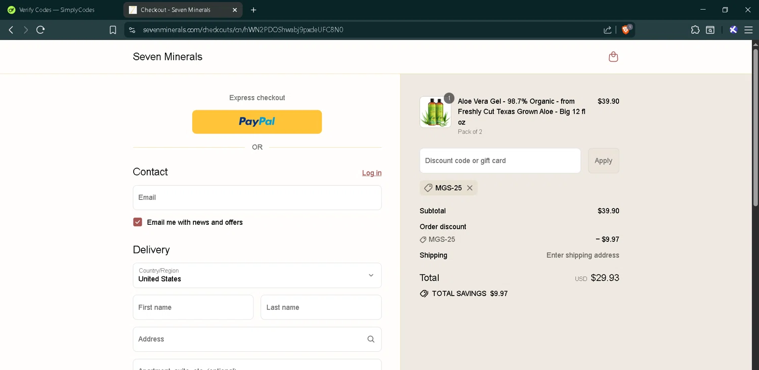Seven Minerals discount code screenshot showing code MGS-25 applied at Seven Minerals checkout page. Uploaded by SimplyCodes community member RoyalMaverick7546 on Aug 30, 2025