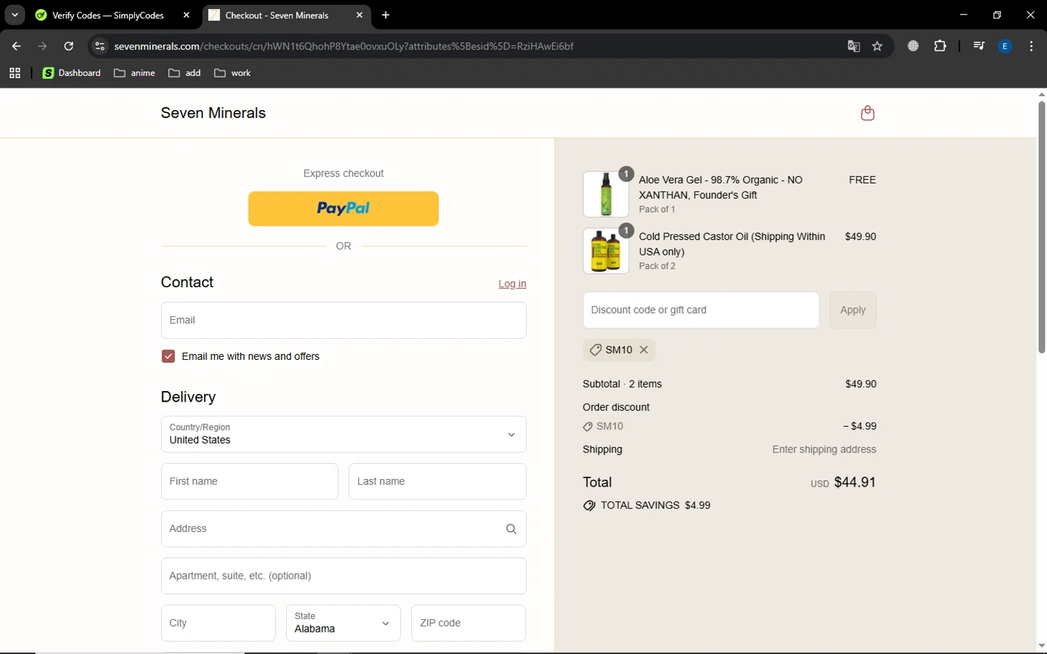 Seven Minerals discount code screenshot showing code SM10 applied at Seven Minerals checkout page. Uploaded by SimplyCodes community member MoneyGenius452 on Aug 17, 2025
