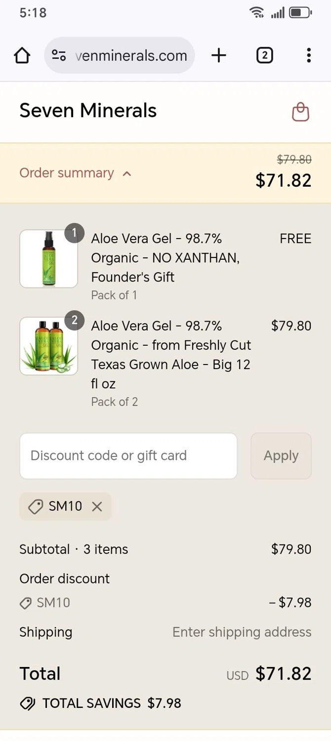Seven Minerals discount code screenshot showing code SM10 applied at Seven Minerals checkout page. Uploaded by SimplyCodes community member franksanchez on Jul 27, 2025