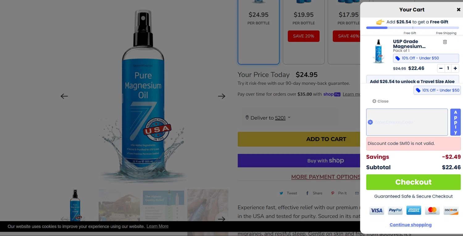 Seven Minerals discount code screenshot showing code SM10 applied at Seven Minerals checkout page. Uploaded by SimplyCodes community member unnamed2 on Dec 10, 2025