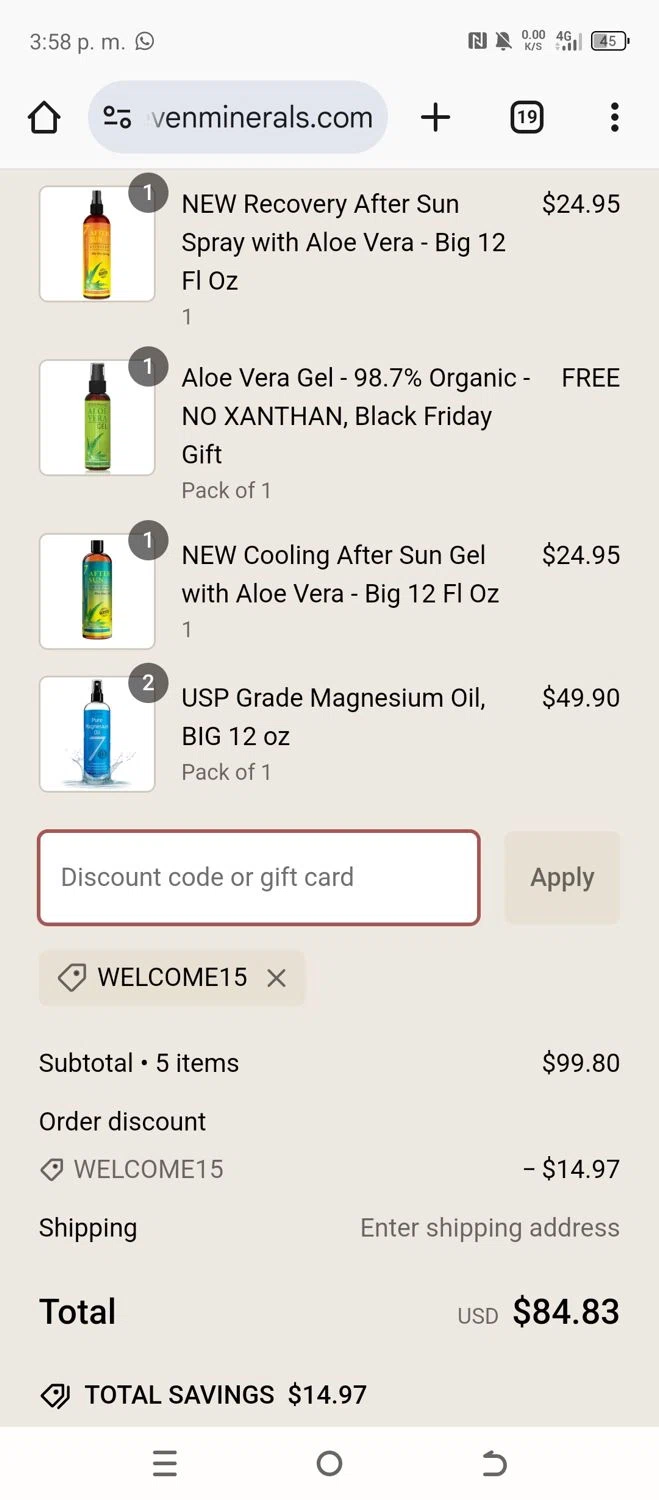 Seven Minerals discount code screenshot showing code WELCOME15 applied at Seven Minerals checkout page. Uploaded by SimplyCodes community member jose1610 on Jan 7, 2025