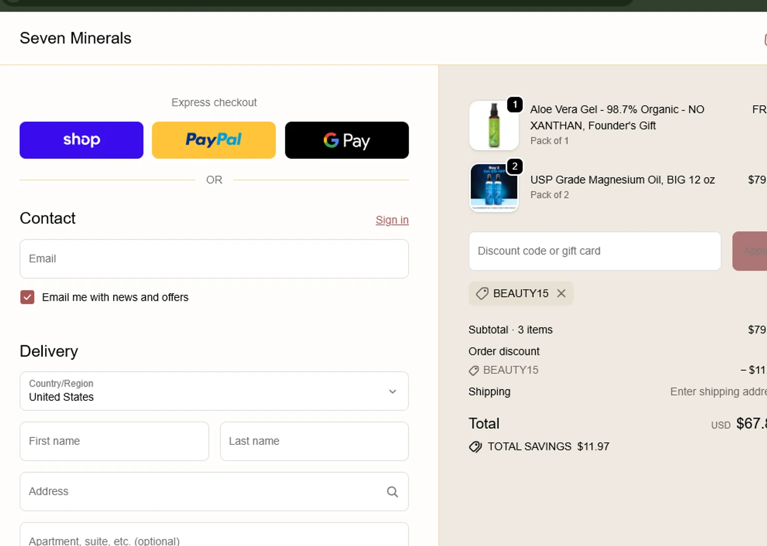 Seven Minerals discount code screenshot showing code BEAUTY15 applied at Seven Minerals checkout page. Uploaded by SimplyCodes community member LegendaryHero6995 on Nov 14, 2025
