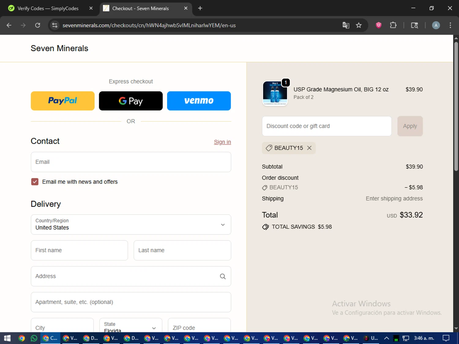 Seven Minerals discount code screenshot showing code BEAUTY15 applied at Seven Minerals checkout page. Uploaded by SimplyCodes community member trippieredd on Oct 27, 2025