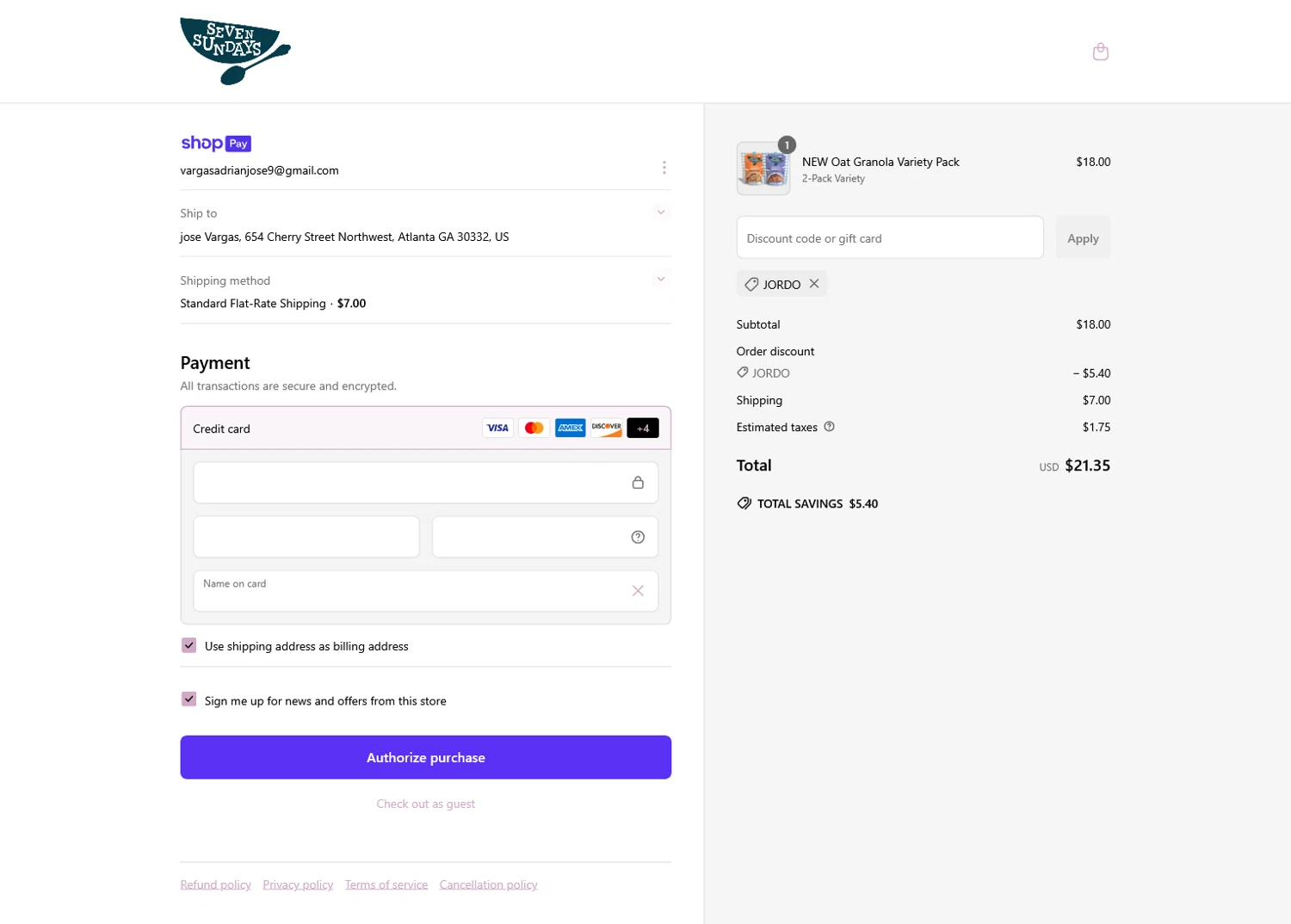Seven Sundays coupon code screenshot showing code Jordo applied at Seven Sundays checkout page. Uploaded by SimplyCodes community member WladimirV on May 23, 2025