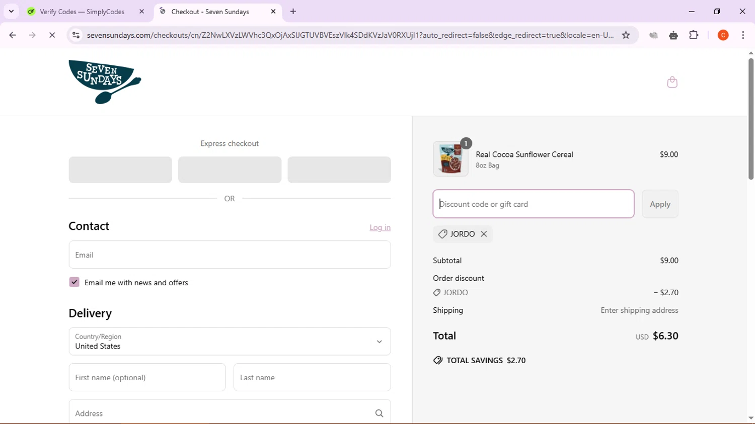 Seven Sundays coupon code screenshot showing code Jordo applied at Seven Sundays checkout page. Uploaded by SimplyCodes community member CleverFox763 on Apr 10, 2025
