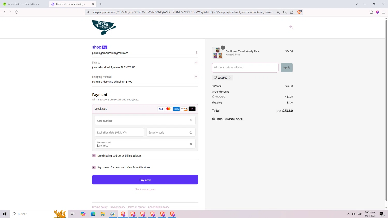Seven Sundays coupon code screenshot showing code WOLF30 applied at Seven Sundays checkout page. Uploaded by SimplyCodes community member Monitos on Apr 10, 2025