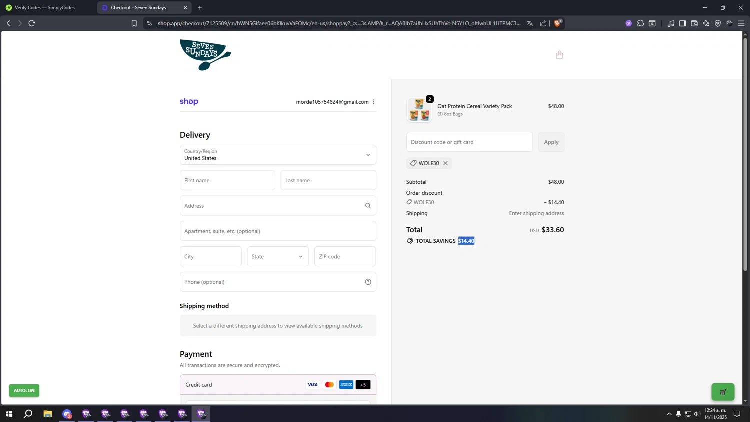 Seven Sundays coupon code screenshot showing code WOLF30 applied at Seven Sundays checkout page. Uploaded by SimplyCodes community member wwwwwwwwwwwwwww on Nov 14, 2025