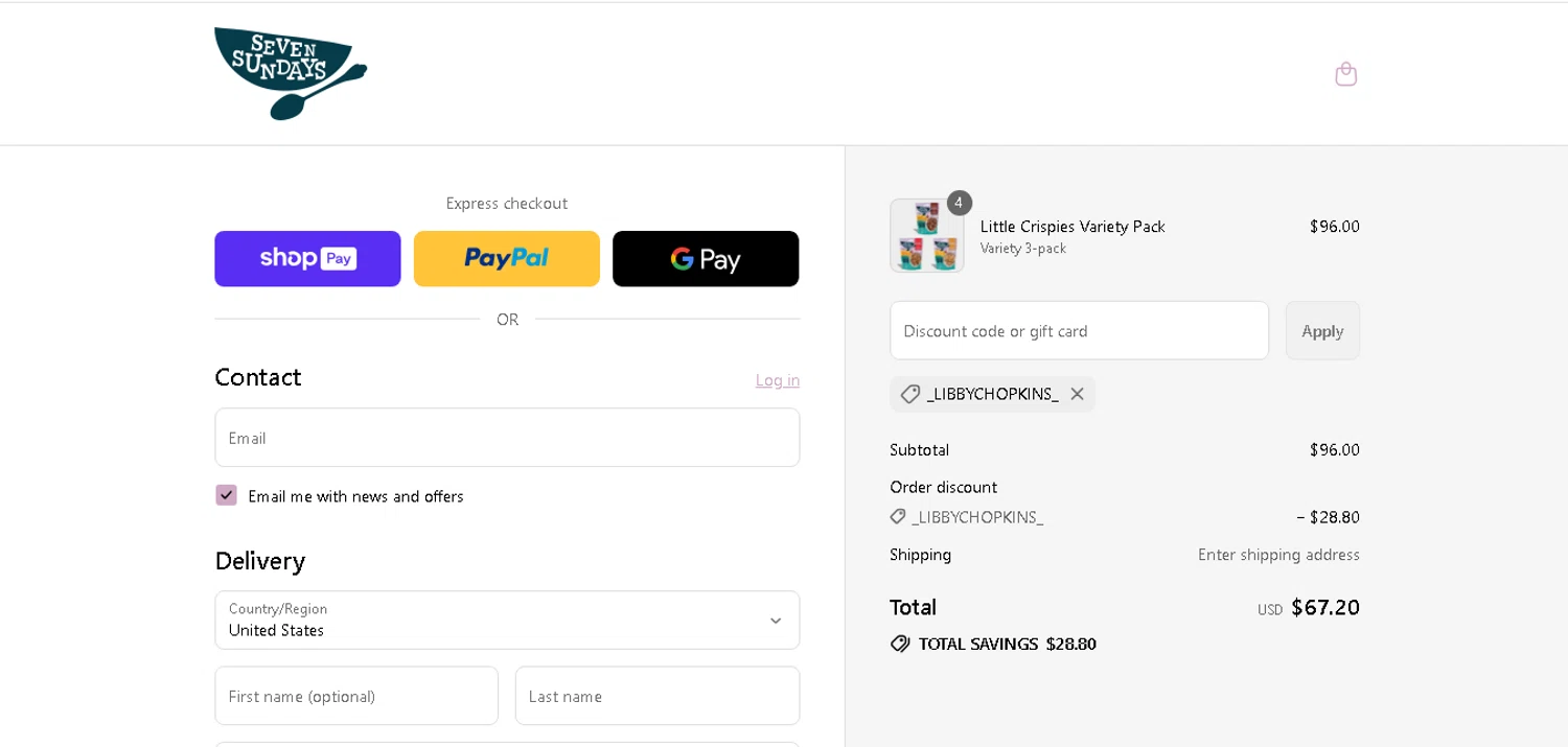 Seven Sundays coupon code screenshot showing code _LIBBYCHOPKINS_ applied at Seven Sundays checkout page. Uploaded by SimplyCodes community member MoneyHunter5624 on Jul 26, 2025