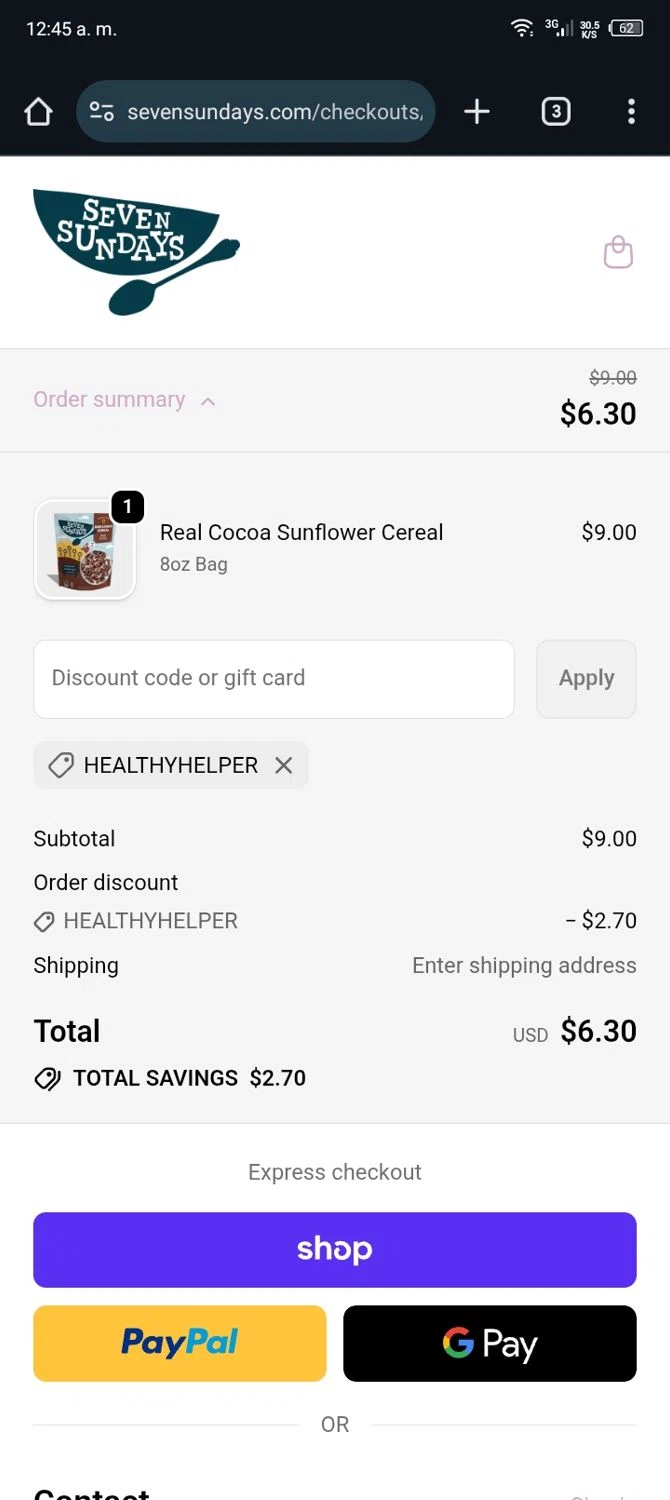 Seven Sundays coupon code screenshot showing code healthyhelper applied at Seven Sundays checkout page. Uploaded by SimplyCodes community member Nickurtdale on Nov 19, 2025