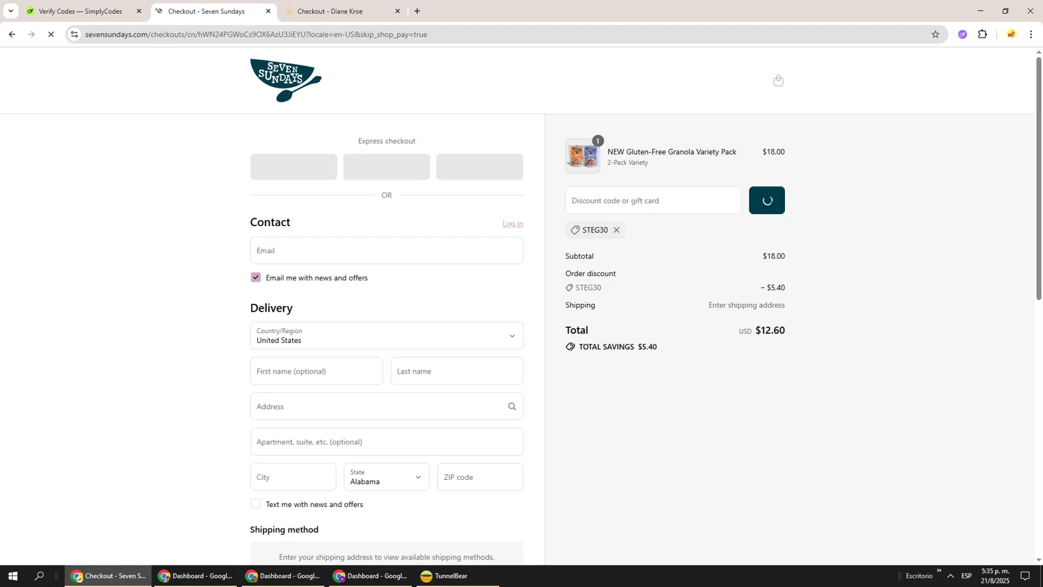 Seven Sundays coupon code screenshot showing code STEG30 applied at Seven Sundays checkout page. Uploaded by SimplyCodes community member Richard251 on Aug 21, 2025