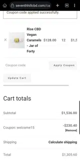 WELCOME15 coupon verification screenshot