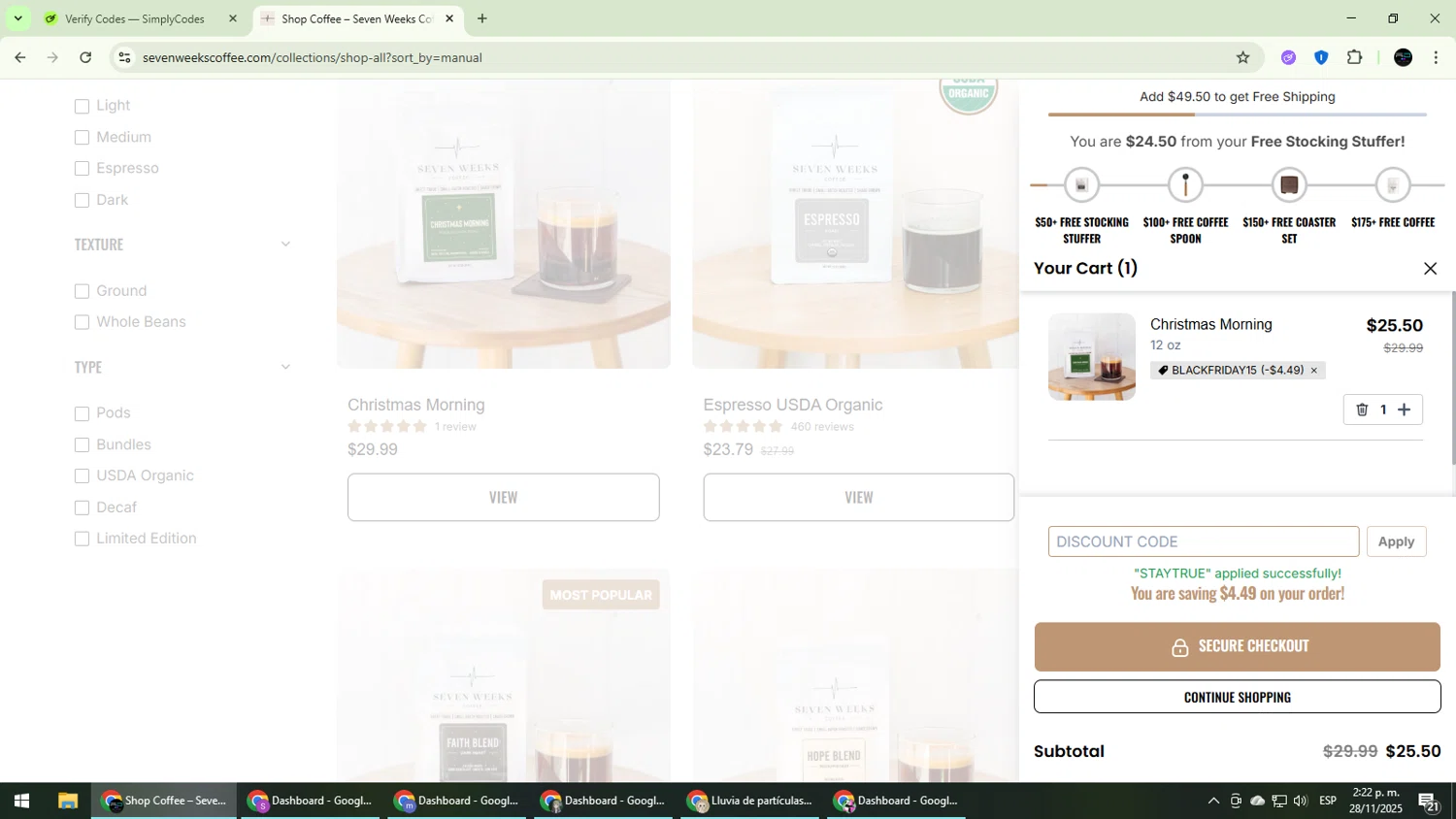 Seven Weeks Coffee promo code screenshot showing code STAYTRUE applied at Seven Weeks Coffee checkout page. Uploaded by SimplyCodes community member CarmenVGR on Nov 28, 2025