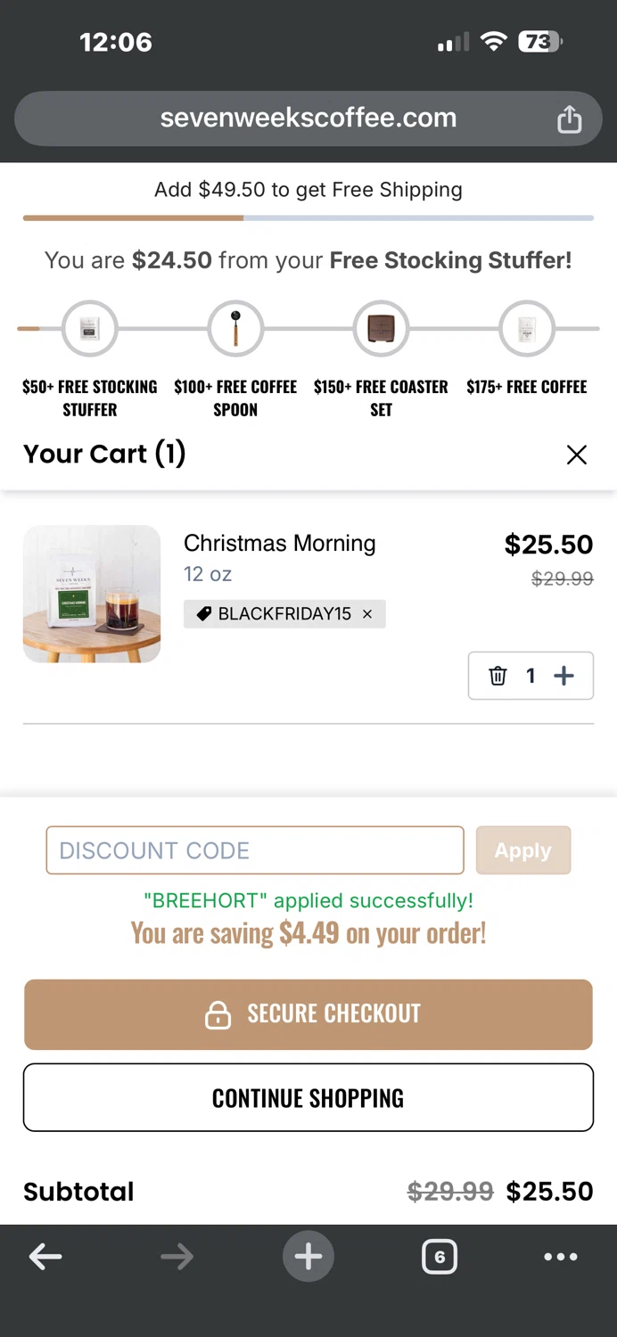 Seven Weeks Coffee promo code screenshot showing code breehort applied at Seven Weeks Coffee checkout page. Uploaded by SimplyCodes community member Andreasantana on Dec 1, 2025