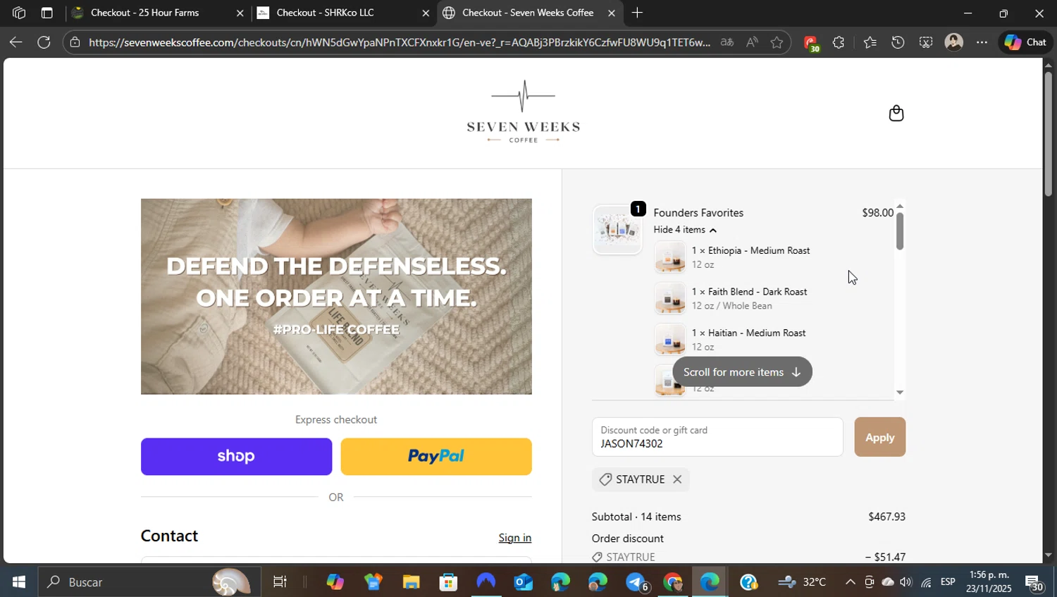 Seven Weeks Coffee promo code screenshot showing code STAYTRUE applied at Seven Weeks Coffee checkout page. Uploaded by SimplyCodes community member WonderKnight7884 on Nov 23, 2025