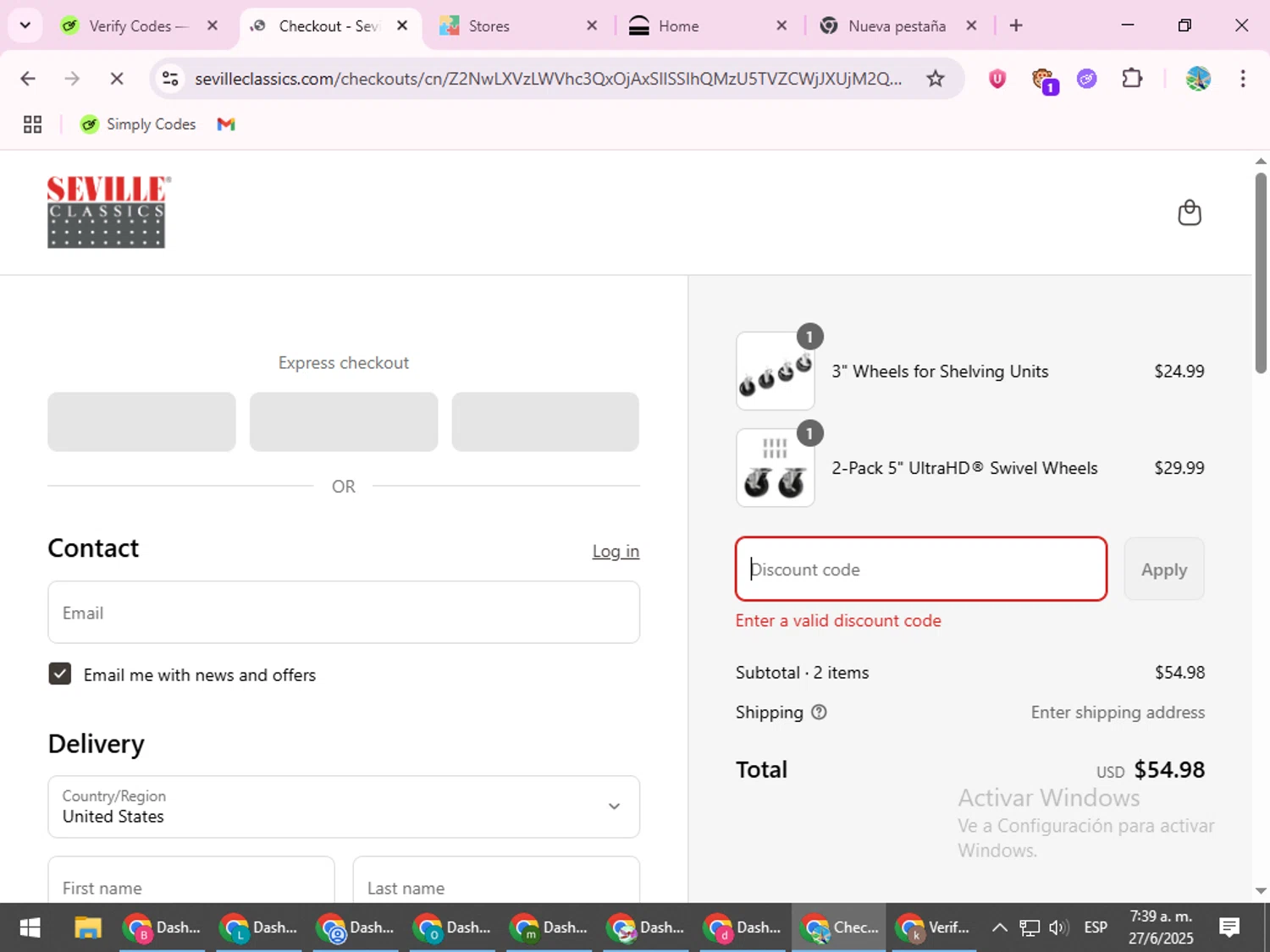 Seville Classics promo code screenshot showing code AIR5 applied at Seville Classics checkout page. Uploaded by SimplyCodes community member ShrewdSpotter4101 on Jun 27, 2025