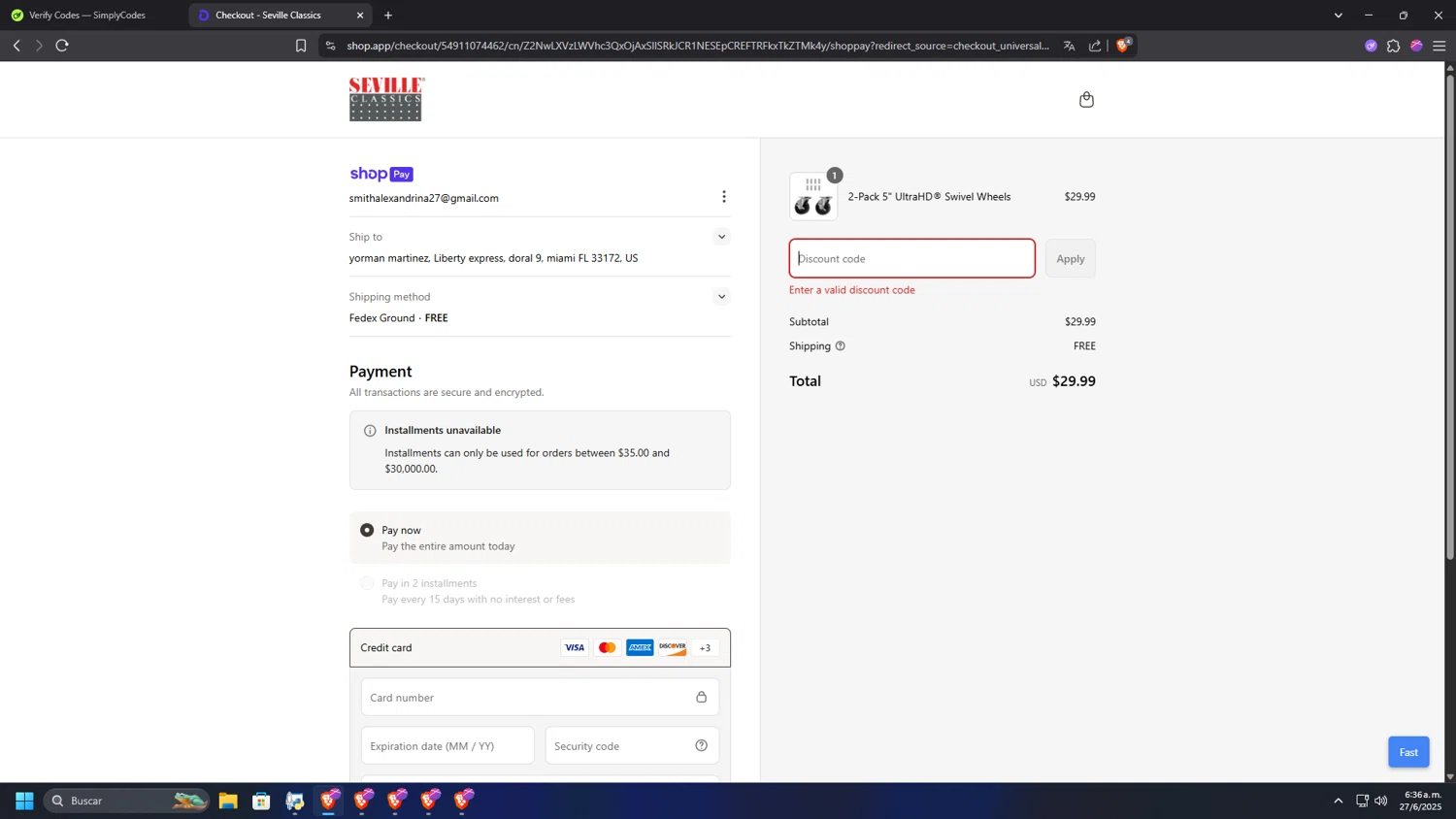 Seville Classics promo code screenshot showing code AIR5 applied at Seville Classics checkout page. Uploaded by SimplyCodes community member INSECTOS on Jun 27, 2025