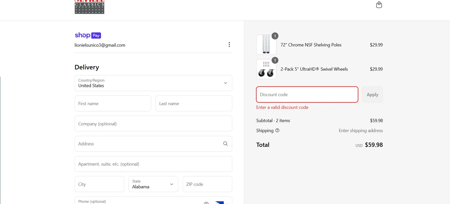 Seville Classics promo code screenshot showing code SHELF5 applied at Seville Classics checkout page. Uploaded by SimplyCodes community member Lioniel on Jun 27, 2025