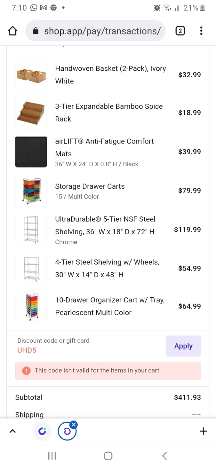 Seville Classics checkout page showing Seville Classics promo code box | Screenshot taken by SimplyCodes community member on Oct 22, 2021