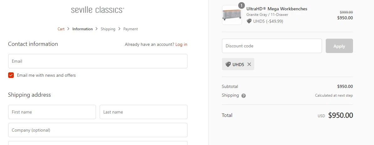 Seville Classics checkout page showing Seville Classics promo code box | Screenshot taken by SimplyCodes community member on Nov 24, 2021