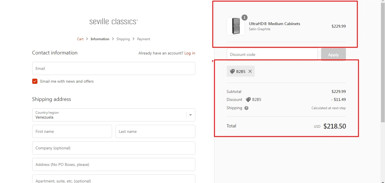 Seville Classics checkout page showing Seville Classics promo code box | Screenshot taken by SimplyCodes community member on Dec 9, 2021