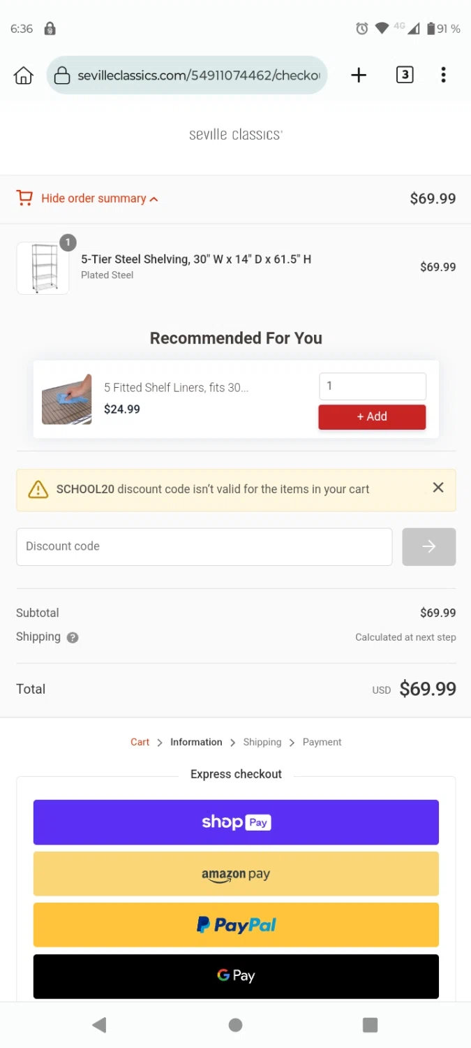 Seville Classics checkout page showing Seville Classics promo code box | Screenshot taken by SimplyCodes community member on Aug 8, 2023