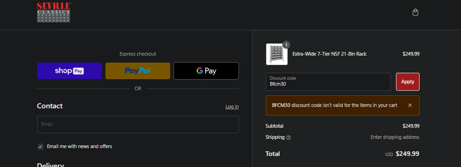 Seville Classics checkout page showing Seville Classics promo code box | Screenshot taken by SimplyCodes community member on Nov 25, 2024