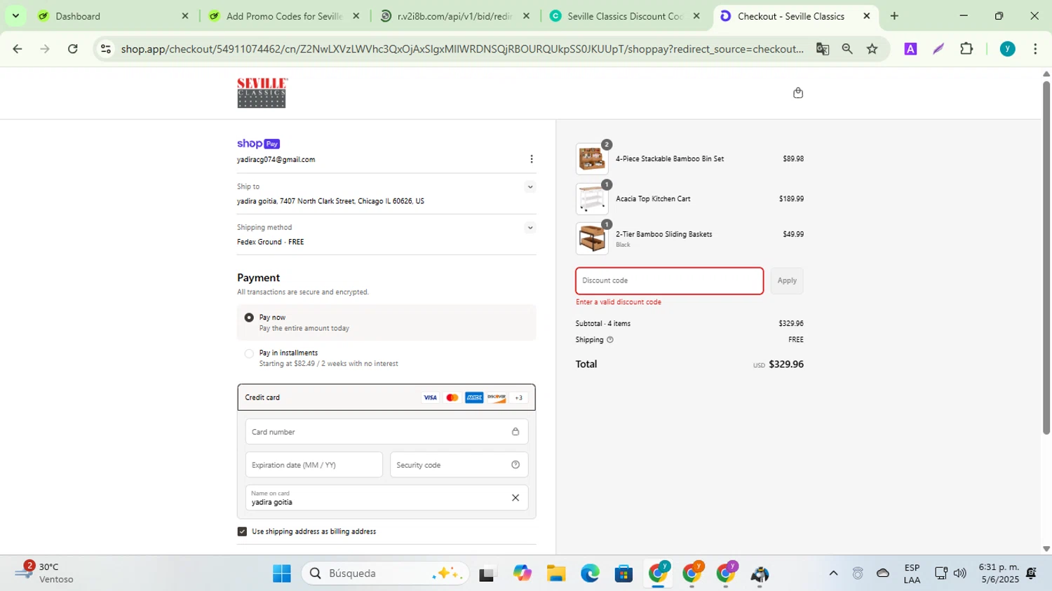 Seville Classics promo code screenshot showing code LABORDAYSALE24 applied at Seville Classics checkout page. Uploaded by SimplyCodes community member yadiracg074 on Jun 5, 2025