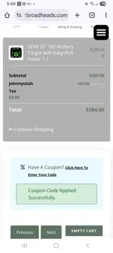 Sevr Broadheads coupon verification screenshot