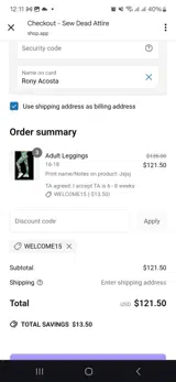 Welcome15 coupon verification screenshot