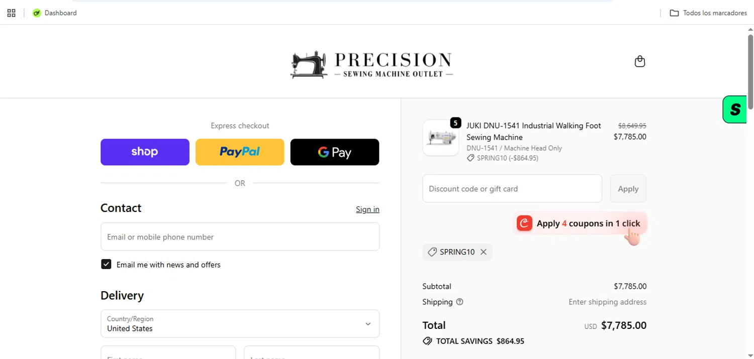 Sewing Machine Outlet promo code screenshot showing code SPRING10 applied at Sewing Machine Outlet checkout page. Uploaded by SimplyCodes community member Speedy on May 27, 2026