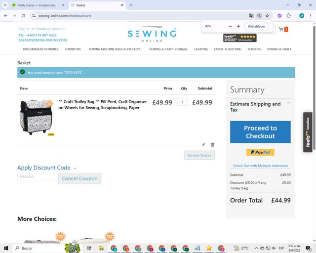 Sewing Online checkout page showing Sewing Online discount code box | Screenshot taken by SimplyCodes community member on Aug 9, 2025