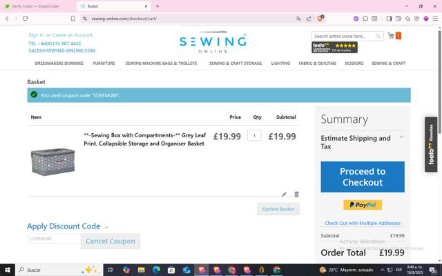 Sewing Online checkout page showing Sewing Online discount code box | Screenshot taken by SimplyCodes community member on Aug 18, 2025