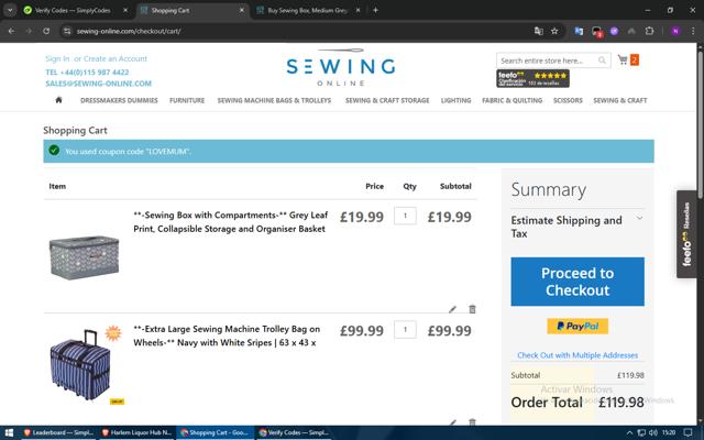 Sewing Online checkout page showing Sewing Online discount code box | Screenshot taken by SimplyCodes community member on Jul 20, 2025