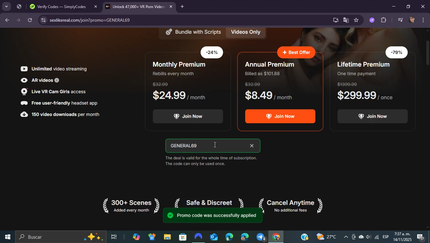 SexLikeReal promo code screenshot showing code GENERAL69 applied at SexLikeReal checkout page. Uploaded by SimplyCodes community member ShieldEagle9436 on Nov 14, 2025