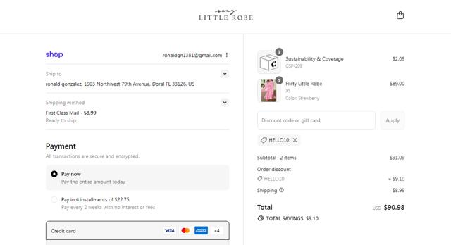 Sexy Little Robe checkout page showing Sexy Little Robe discount code box | Screenshot taken by SimplyCodes community member on Sep 10, 2025