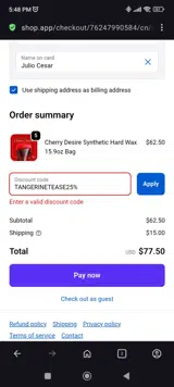 TANGERINETEASE25% coupon verification screenshot