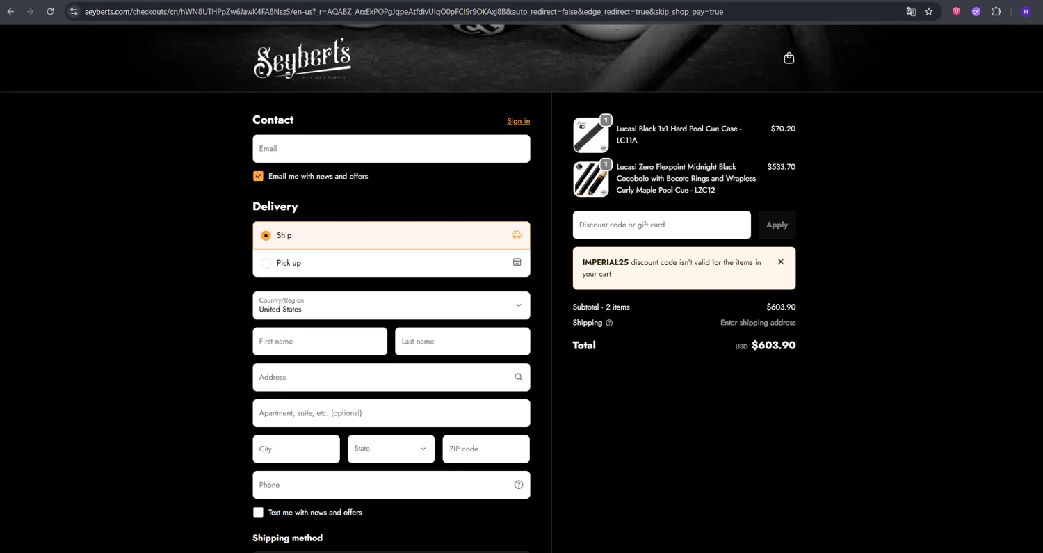 Seybert's checkout page showing Seybert's discount code box | Screenshot taken by SimplyCodes community member on Feb 7, 2026
