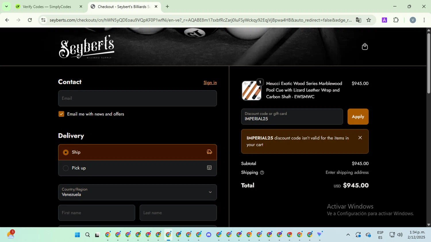 Seybert's discount code screenshot showing code IMPERIAL25 applied at Seybert's checkout page. Uploaded by SimplyCodes community member SwiftScout1619 on Dec 2, 2025