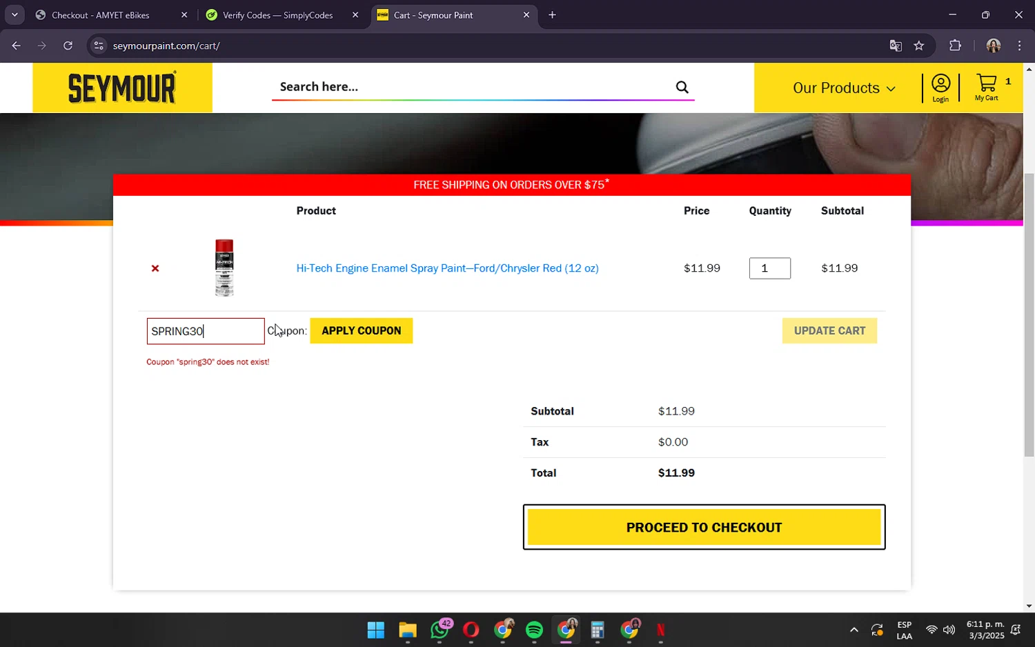 Seymour Paint coupon code screenshot showing code SPRING30 applied at Seymour Paint checkout page. Uploaded by SimplyCodes community member OliviaRodrigo on Mar 3, 2025