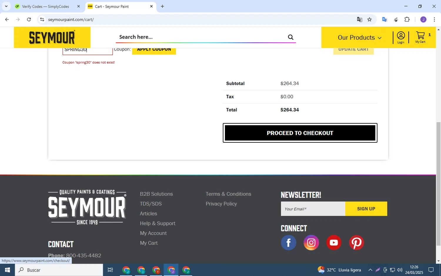 Seymour Paint coupon code screenshot showing code SPRING30 applied at Seymour Paint checkout page. Uploaded by SimplyCodes community member MoneyPro9023 on Mar 24, 2025