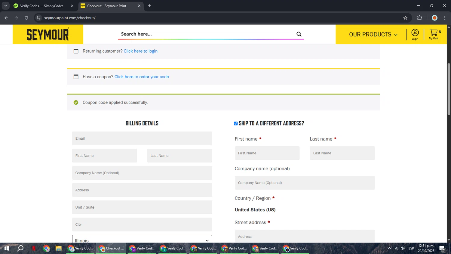 Seymour Paint checkout page showing Seymour Paint coupon code box | Screenshot taken by SimplyCodes community member on Oct 22, 2025