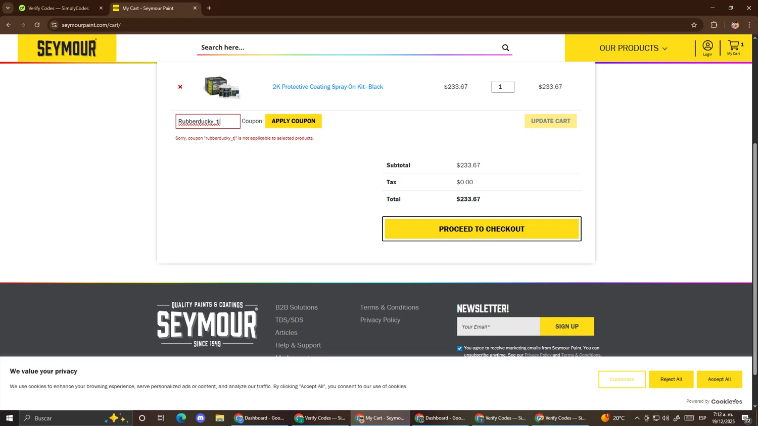 Seymour Paint coupon code screenshot showing code Rubberducky_tj applied at Seymour Paint checkout page. Uploaded by SimplyCodes community member El_mynor on Dec 19, 2025