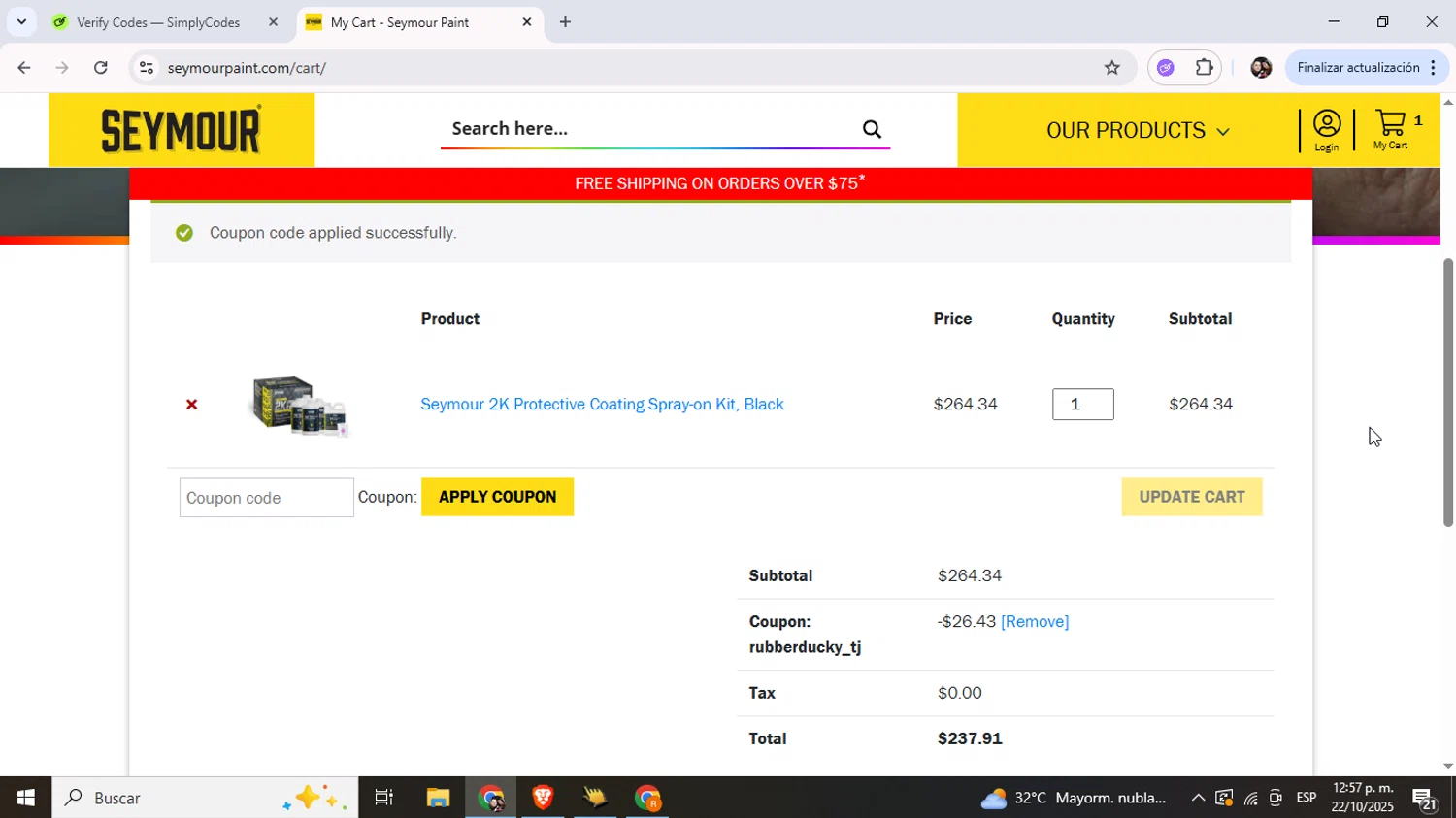 Seymour Paint checkout page showing Seymour Paint coupon code box | Screenshot taken by SimplyCodes community member on Oct 22, 2025
