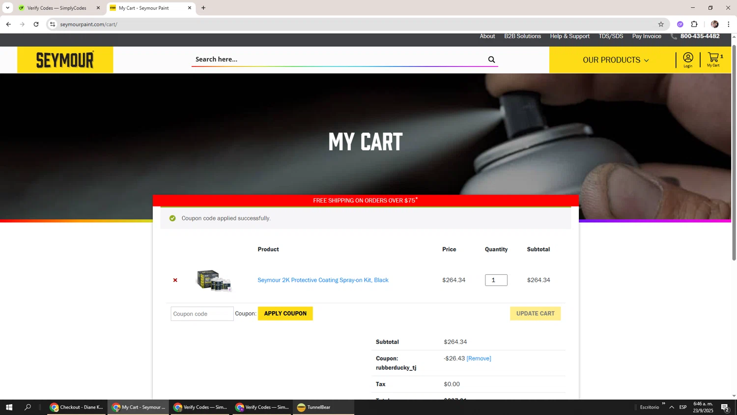 Seymour Paint checkout page showing Seymour Paint coupon code box | Screenshot taken by SimplyCodes community member on Sep 23, 2025