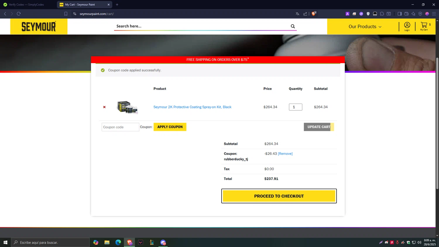Seymour Paint checkout page showing Seymour Paint coupon code box | Screenshot taken by SimplyCodes community member on Jun 28, 2025